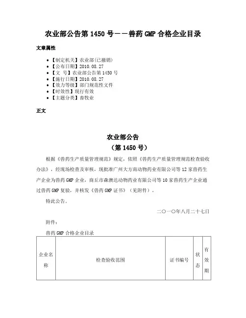 农业部公告第1450号－－兽药GMP合格企业目录
