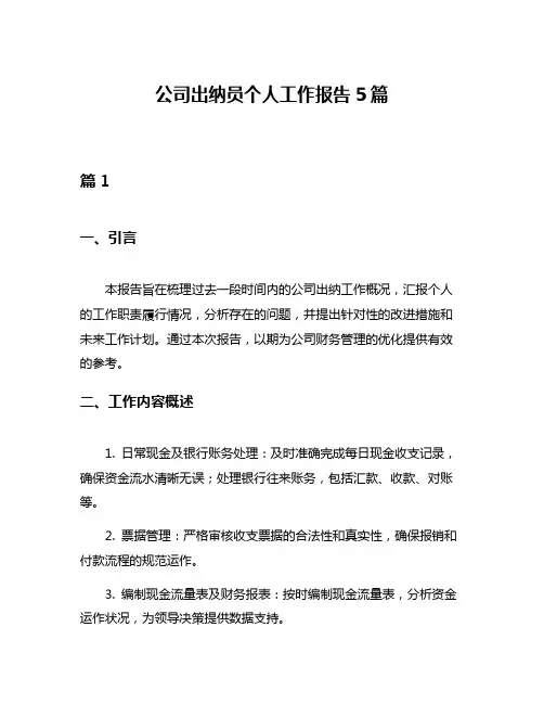 公司出纳员个人工作报告5篇