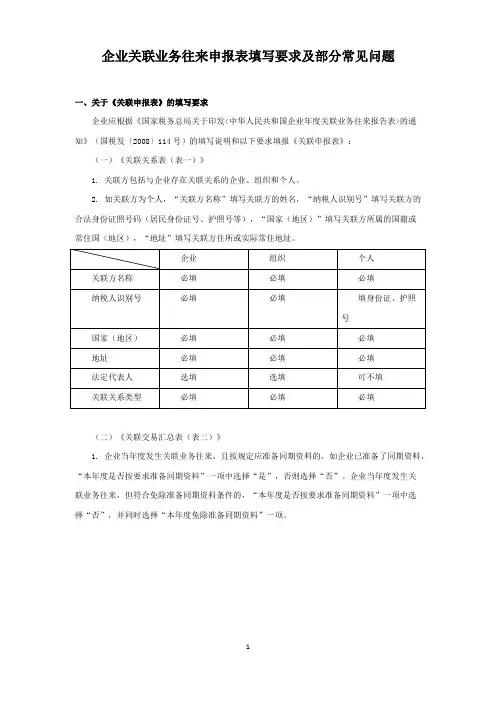 企业关联业务往来申报表填写要求及部分常见问题