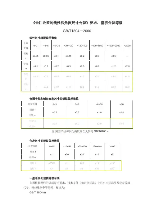 未注公差的线性和角度尺寸公差