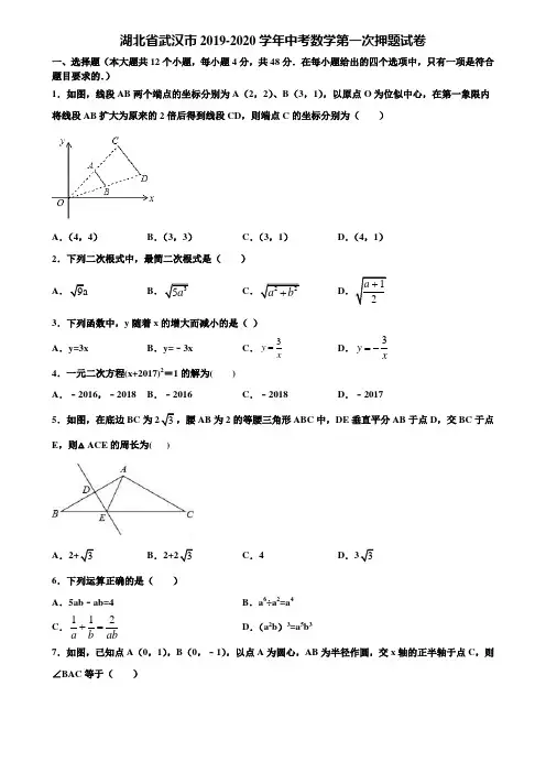 湖北省武汉市2019-2020学年中考数学第一次押题试卷含解析
