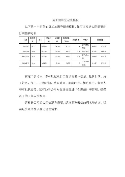 员工加班登记表模板