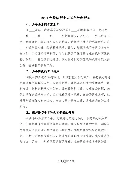 2024年经济师个人工作计划样本（五篇）