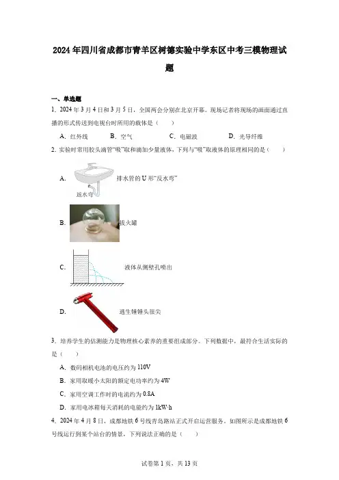 2024年四川省成都市青羊区树德实验中学东区中考三模物理试题