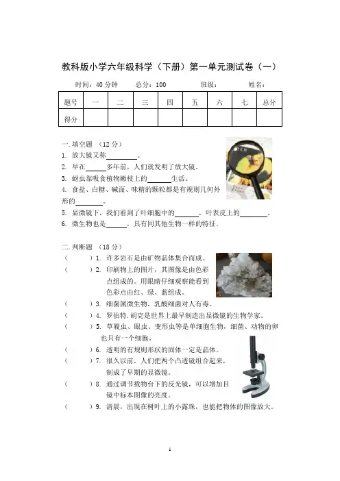 (完整版)教科版六年级科学下册第一单元测试卷