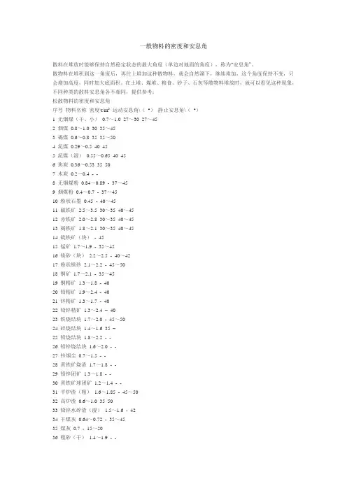 一般物料的密度和安息角
