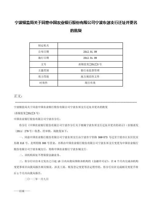 宁波银监局关于同意中国农业银行股份有限公司宁波东郊支行迁址并更名的批复-甬银监复[2012]3号
