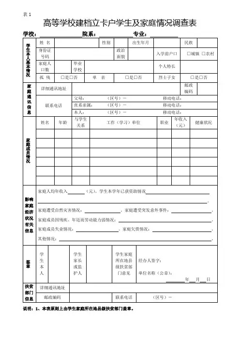 建档立卡户学生及家庭情况调查表