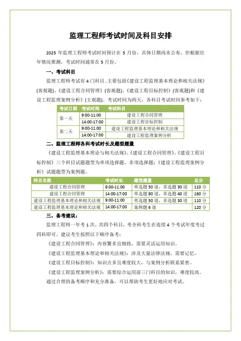 监理工程师考试时间科目安排