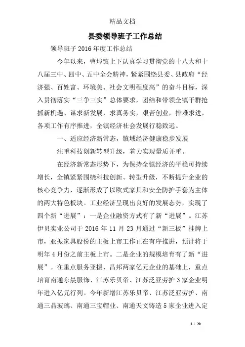 县委领导班子工作总结