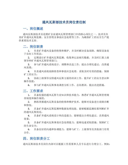 通风瓦斯部技术员岗位责任制
