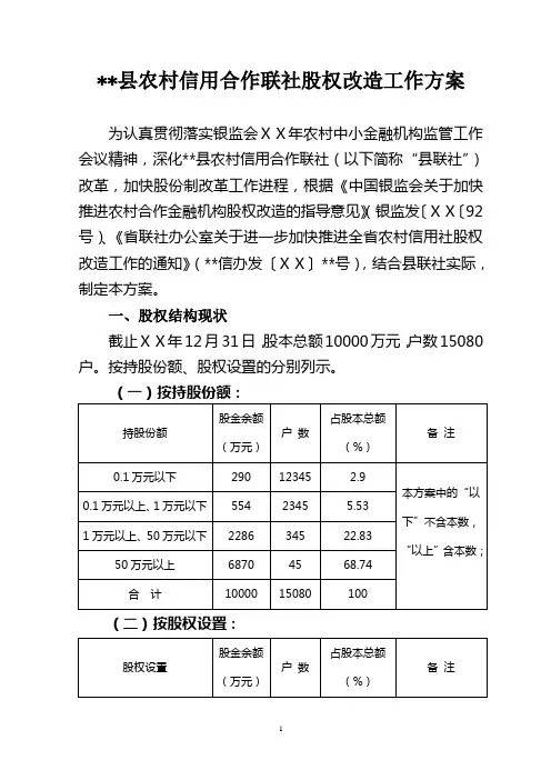 农村信用社股权改造工作方案
