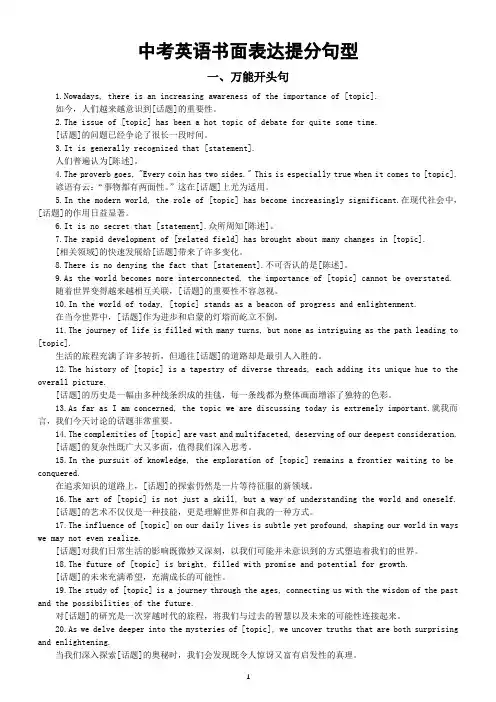 初中英语2024届中考书面表达提分句型(万能开头+必备素材+亮点句)