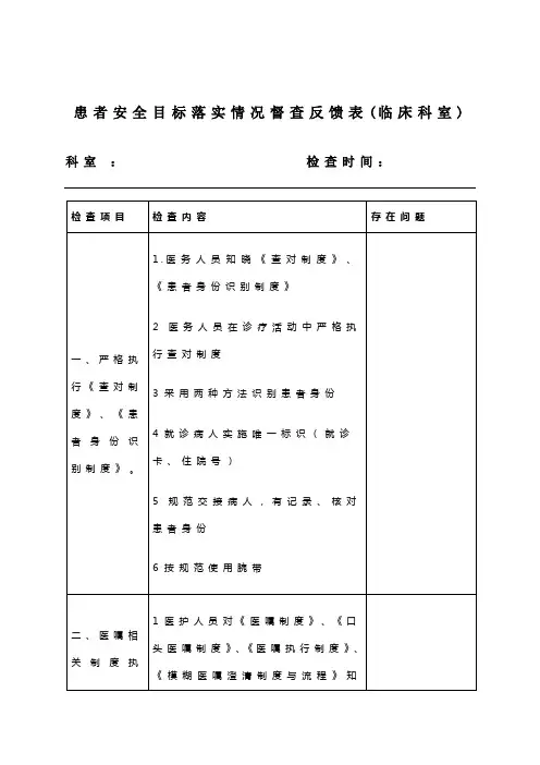 患者安全目标督查反馈表