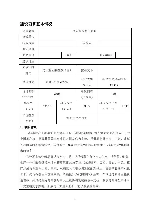 马铃薯深加工建设项目环境影响报告表