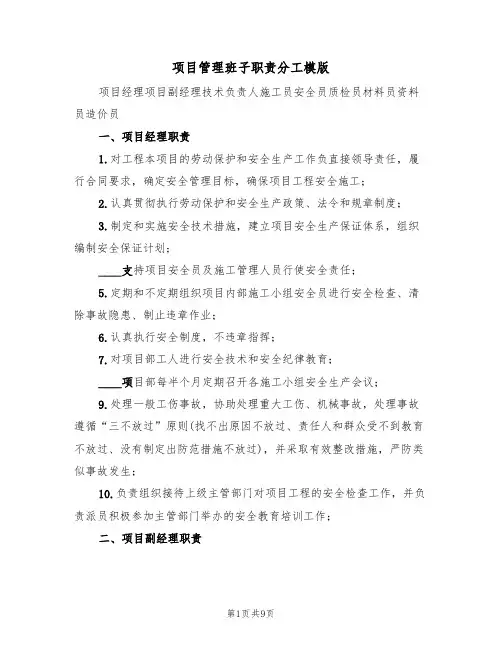 项目管理班子职责分工模版(2篇)