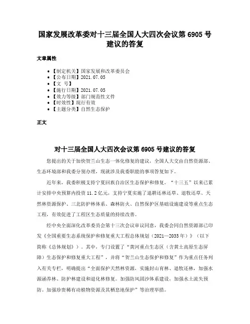 国家发展改革委对十三届全国人大四次会议第6905号建议的答复