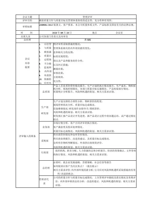 ISO9001-2015 管理评审全套资料(含计划+输入资料+管理评审报告)