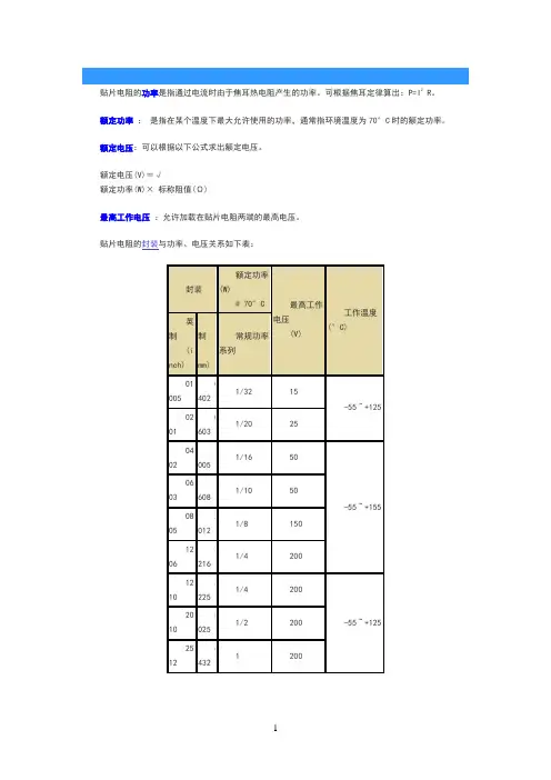 贴片电阻额定功率及工作电压