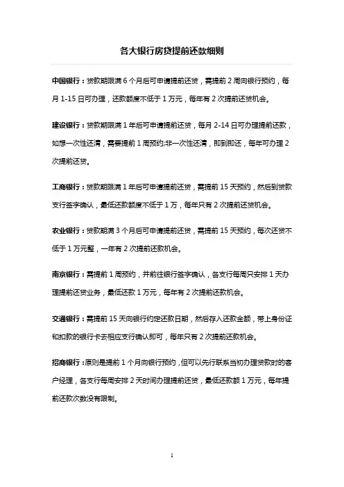 各大银行房贷提前还款细则