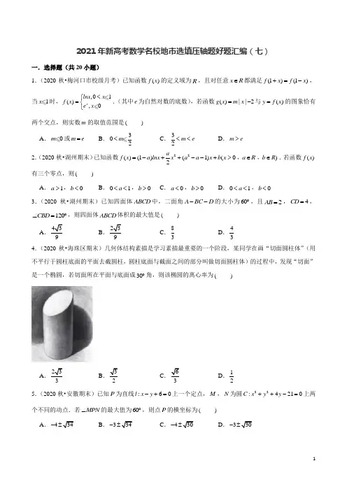 2021年新高考数学名校地市选填压轴题好题汇编(七)(原卷版)