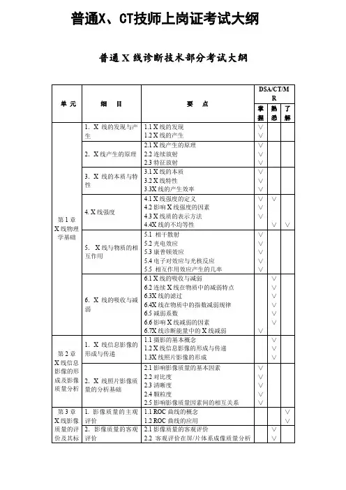 普通X、CT技师上岗证考试大纲