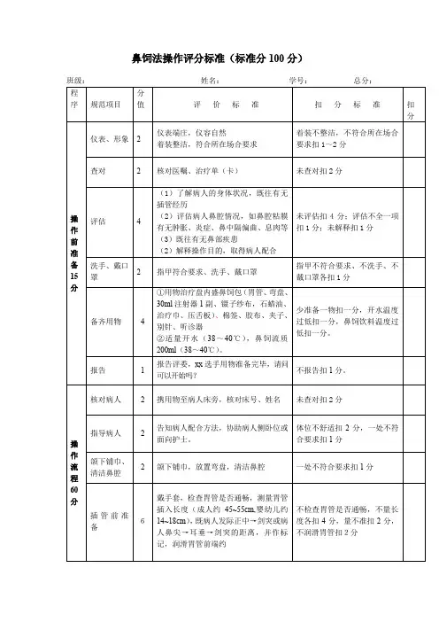 鼻饲法操作评分标准