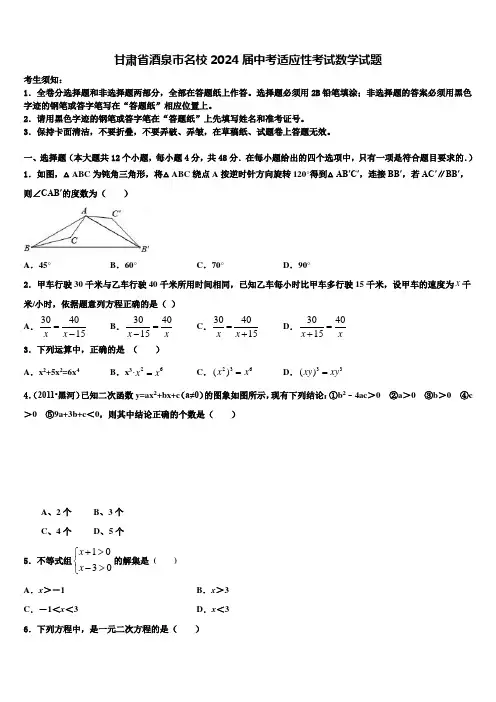 甘肃省酒泉市名校2024届中考适应性考试数学试题含解析