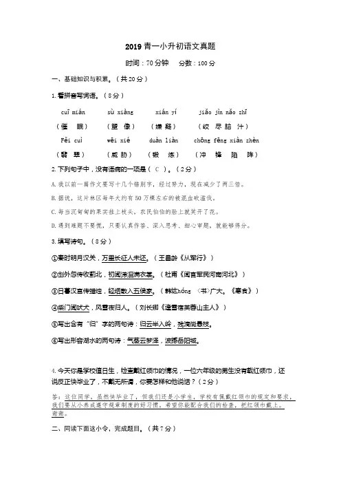 六年级下册语文试题-湖南省长沙市2019青竹湖湘一小升初语文真题(教师版) 人教新课标  含答案