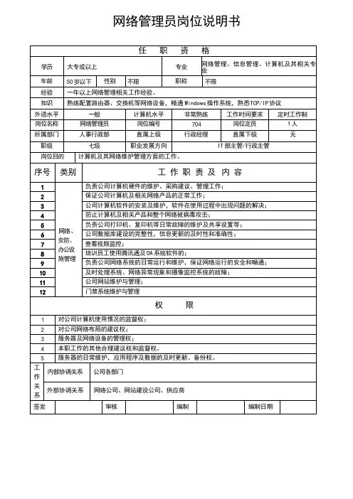 网络管理员岗位说明书