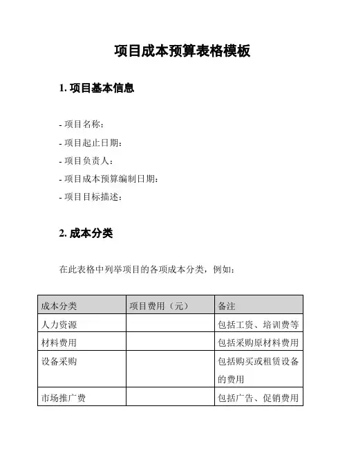 项目成本预算表格模板