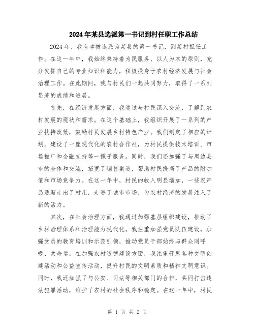 2024年某县选派第一书记到村任职工作总结