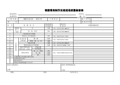 钢筋骨架制作安装现场质量检查表