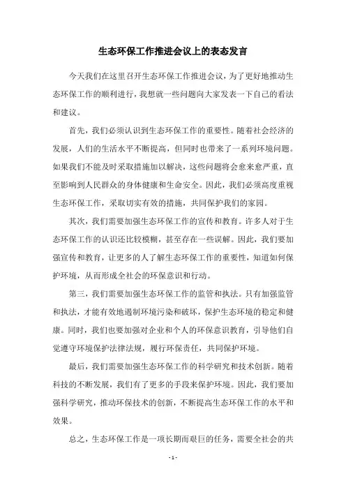 生态环保工作推进会议上的表态发言
