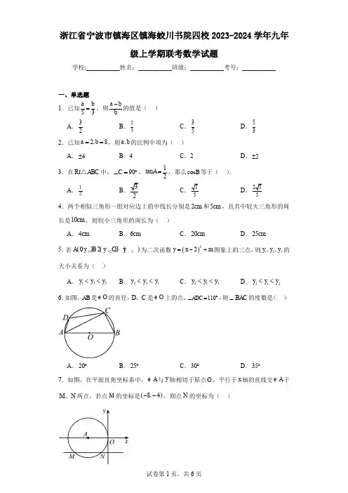 浙江省宁波市镇海区镇海蛟川书院四校2023-2024学年九年级上学期联考数学试题