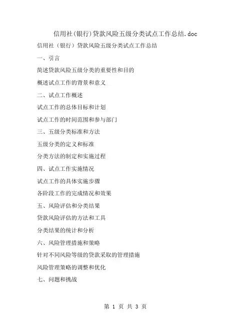 信用社(银行)贷款风险五级分类试点工作总结