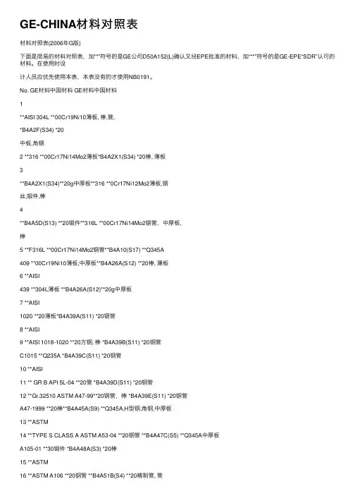 GE-CHINA材料对照表