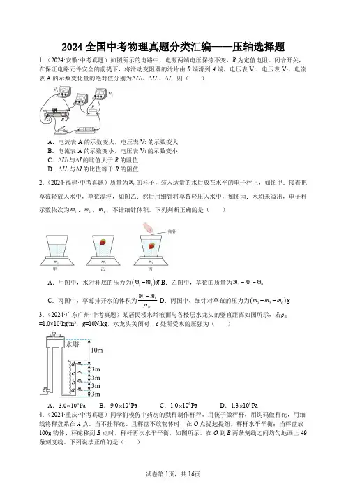 2024年全国中考物理真题分类汇编——压轴选择题