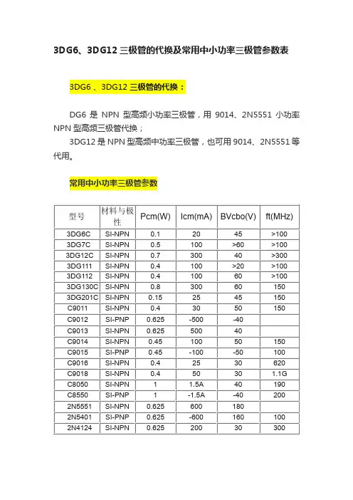 3DG6、3DG12三极管的代换及常用中小功率三极管参数表