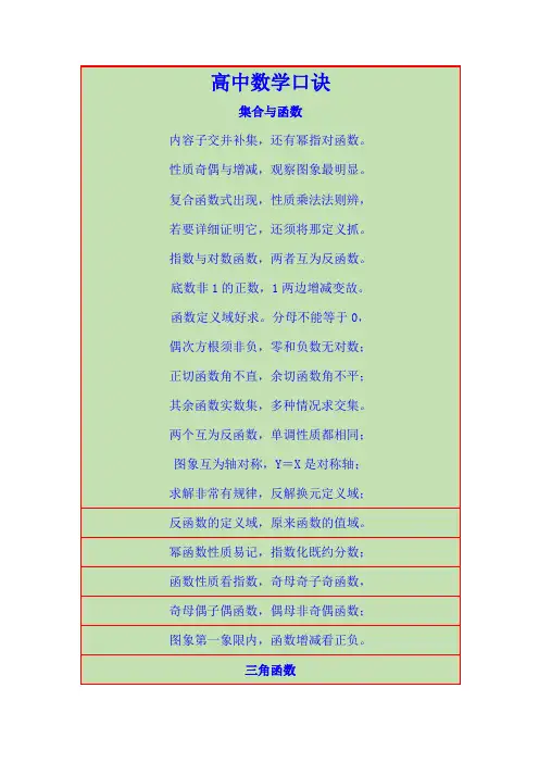 高中数学口诀(知识记忆顺口溜)