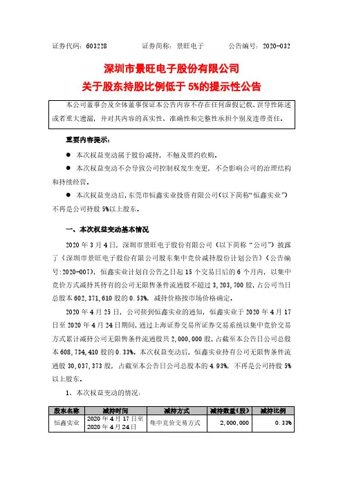 景旺电子：关于股东持股比例低于5%的提示性公告
