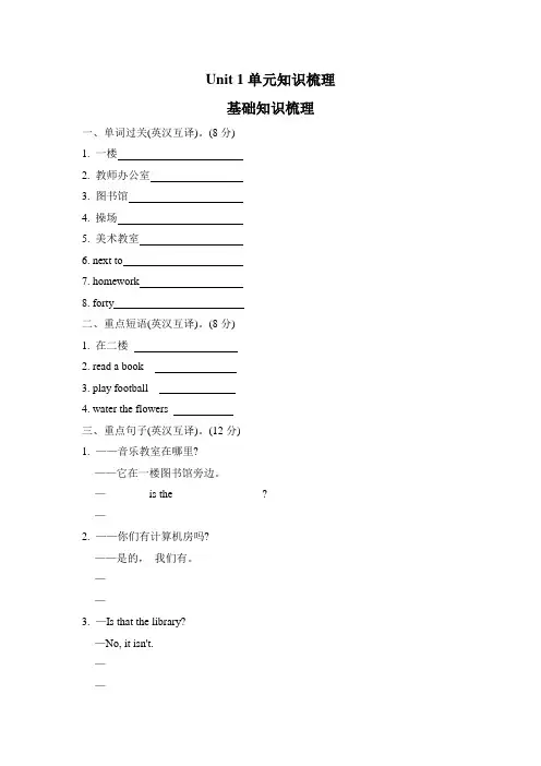 人教PEP版小学英语四年级期末总复习资料(各单元知识梳理卷含答案)