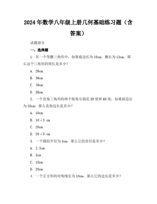 2024年数学八年级上册几何基础练习题(含答案)