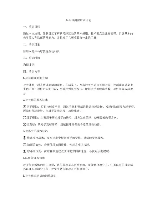 乒乓球岗前培训计划