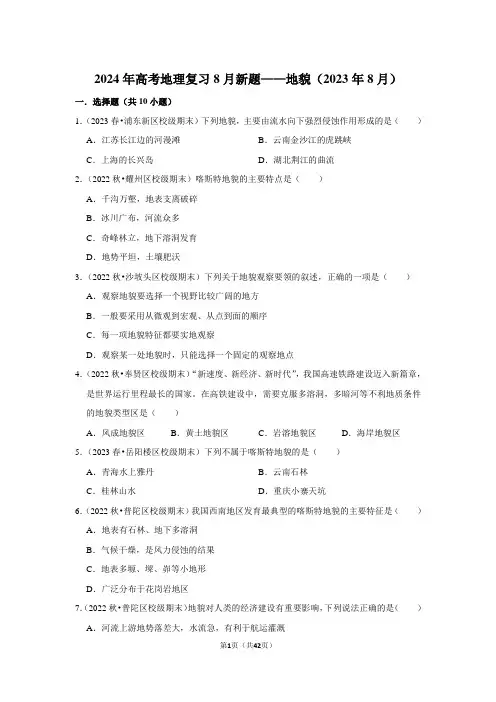 2024年高考地理复习8月新题——地貌