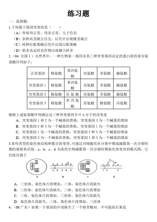人教版高中生物必修二基因突变和基因重组习题