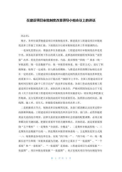 在建设项目审批制度改革领导小组会议上的讲话