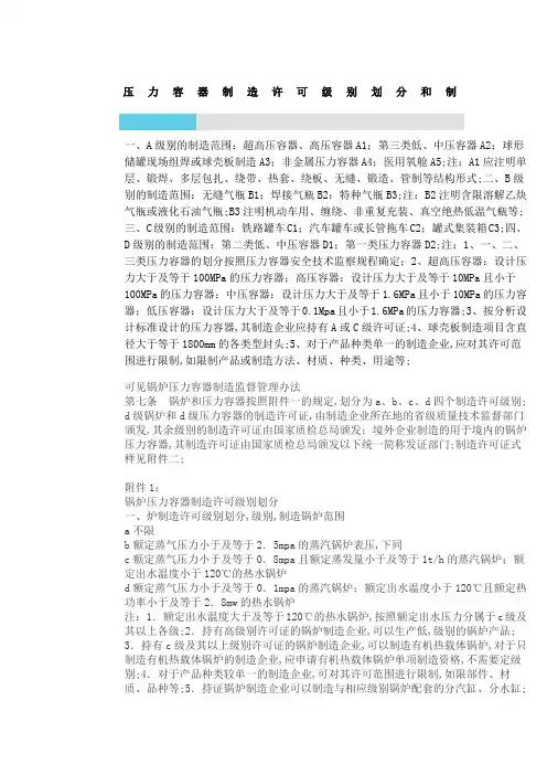 压力容器制造许可级别划分和制造范围