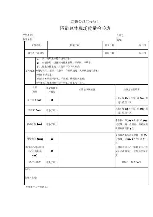 高速公路工程项目隧道总体现场质量检验表