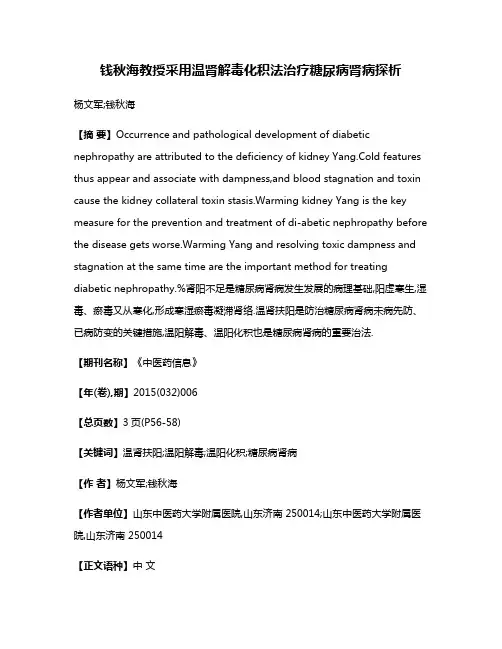 钱秋海教授采用温肾解毒化积法治疗糖尿病肾病探析